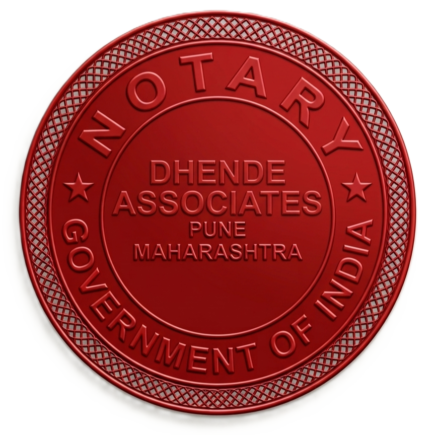 Official notary public seal for Dhende Associates, featuring a red circular emblem with text reading Notary Government of India and the firm name, symbolizing legal authority and authentication services